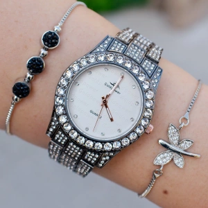 Siyah Metal Kordon Taşlı Kadın Saat Kombini 9751