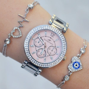 Silver Metal Kordon Taşlı Kadın Saat Kombini 9758