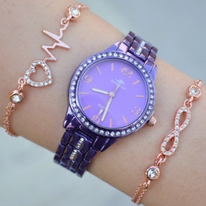 Mor Metal Kordon Kadın Saat Kombini 9770