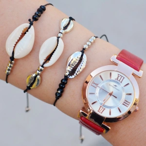 Kırmızı Deri Kordon Kadın Saat Kombini 9789