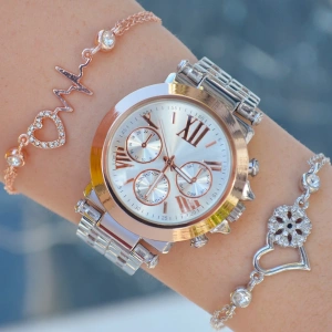 Silver Rose Metal Kordon Kadın Saat Kombini 9820