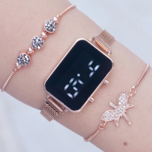 Rosegold Hasır Mıknatıslı Kordon Dijital Kadın Saat Kombini 9863