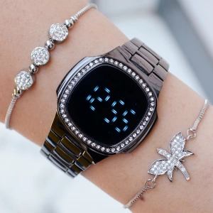 Siyah Metal Kordon Dokunmatik Dijital Kadın Saat Kombini 9896