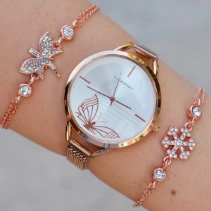 Rosegold Hasır Mıknatıslı Kordon Kadın Saat Kombini 9996