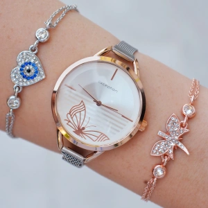 Silver Rose Hasır Mıknatıslı Kordon Kadın Saat Kombini 9997