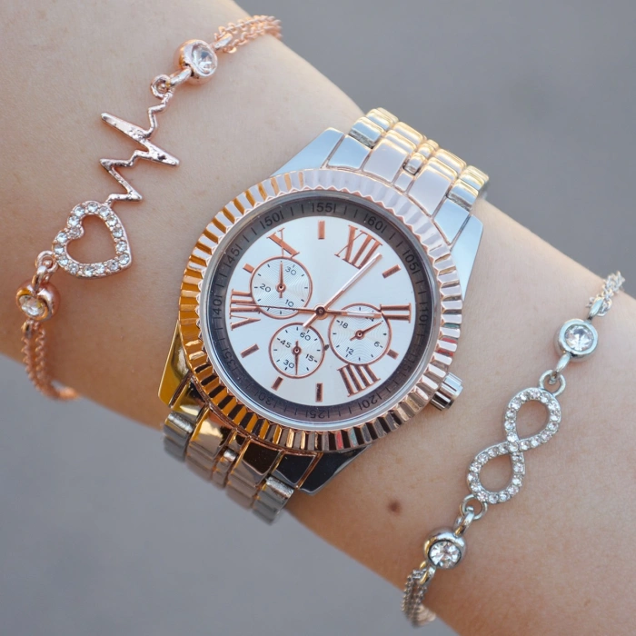 Silver Rose Metal Kordon Kadın Saat Kombini 1016