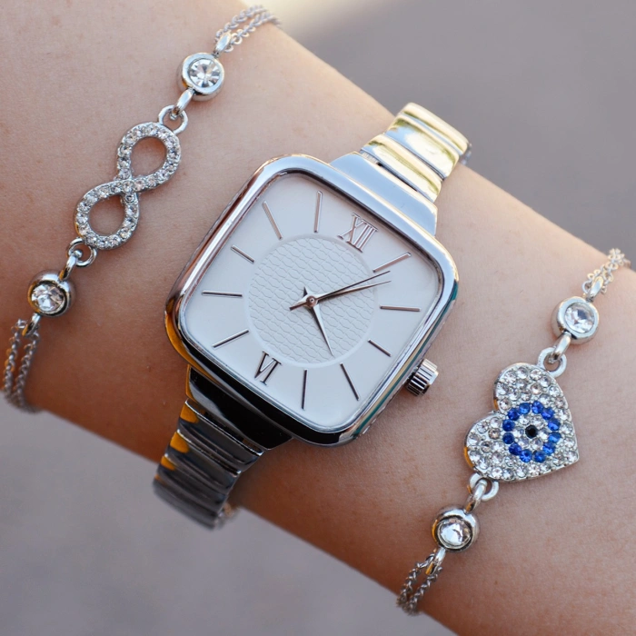 Silver Metal Kordon Kadın Saat Kombini 1021