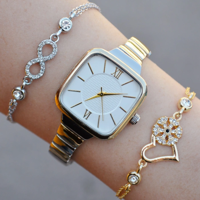 Silver Gold Metal Kordon Kadın Saat Kombini 1022