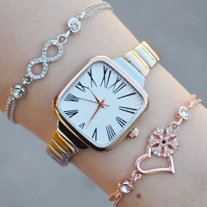 Silver Rose Metal Kordon Kadın Saat Kombini 1031