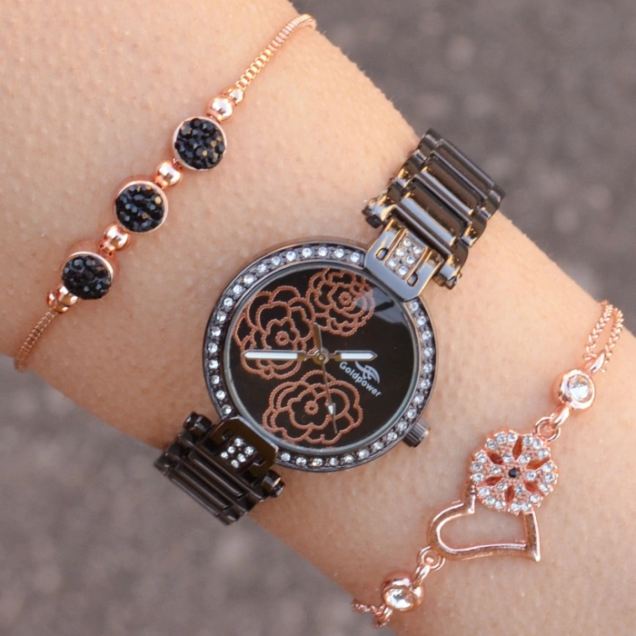 Taşlı Siyah Metal Kordon Kadın Saat Kombini 1070