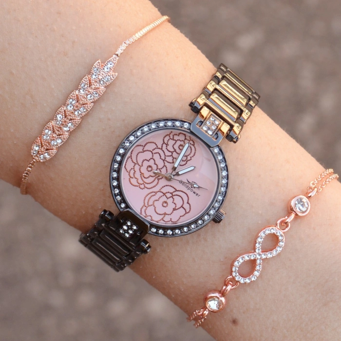 Taşlı Siyah Metal Kordon Kadın Saat Kombini 1071