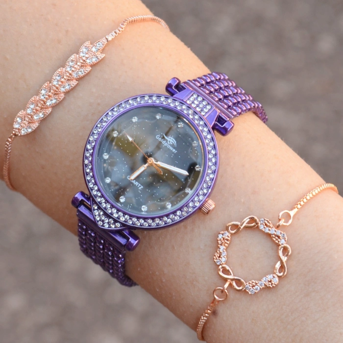 Mor Metal Kordon Kadın Saat Kombini 1074