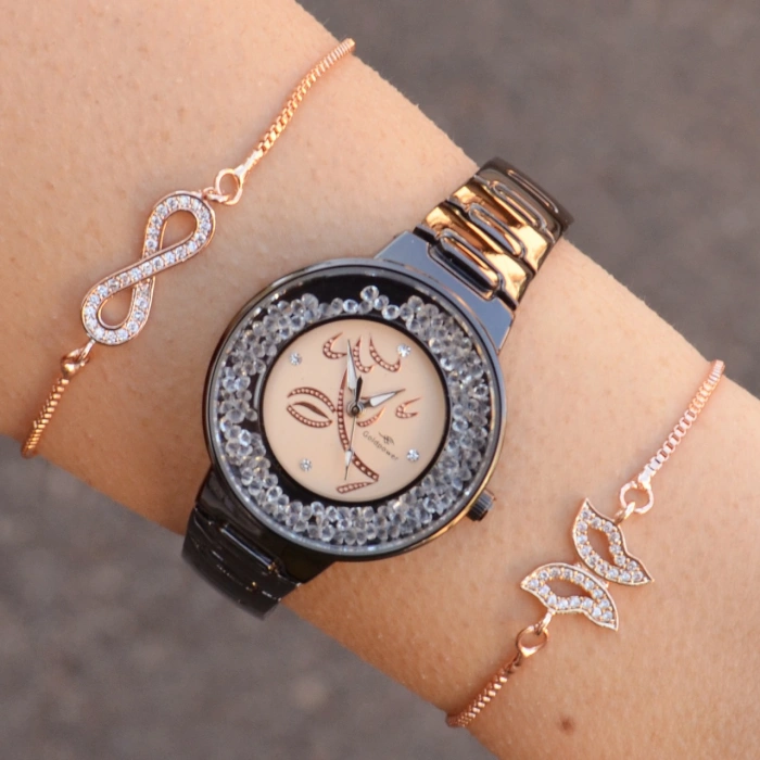 Taşlı Siyah Metal Kordon Kadın Saat Kombini 1077