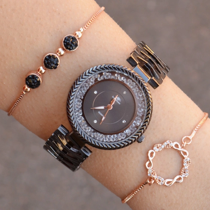 Taşlı Siyah Metal Kordon Kadın Saat Kombini 1078