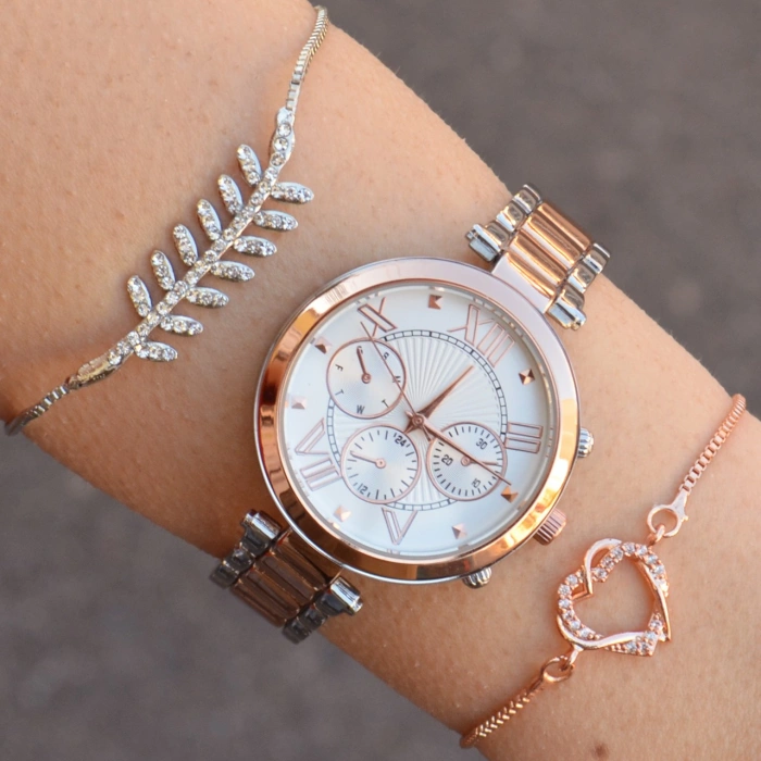 Silver-Rose Metal Kordon Kadın Saat Kombini 1086