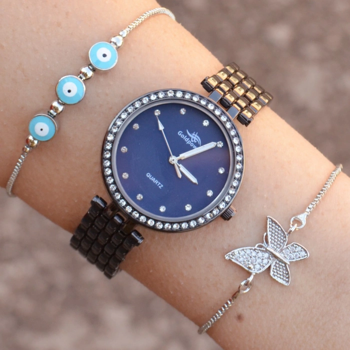 Taşlı Siyah Kordon Kadın Saat Kombini 1092