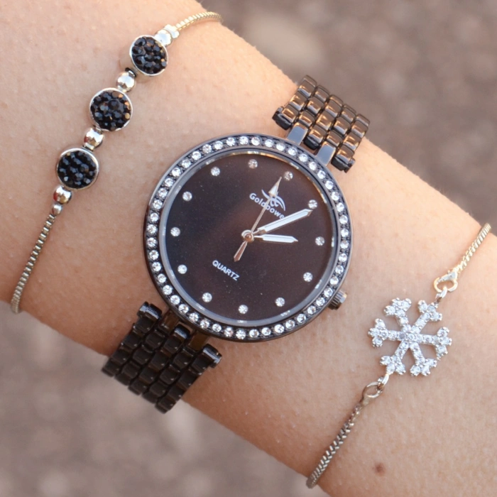 Taşlı Siyah Metal Kordon Kadın Saat Kombini 1093