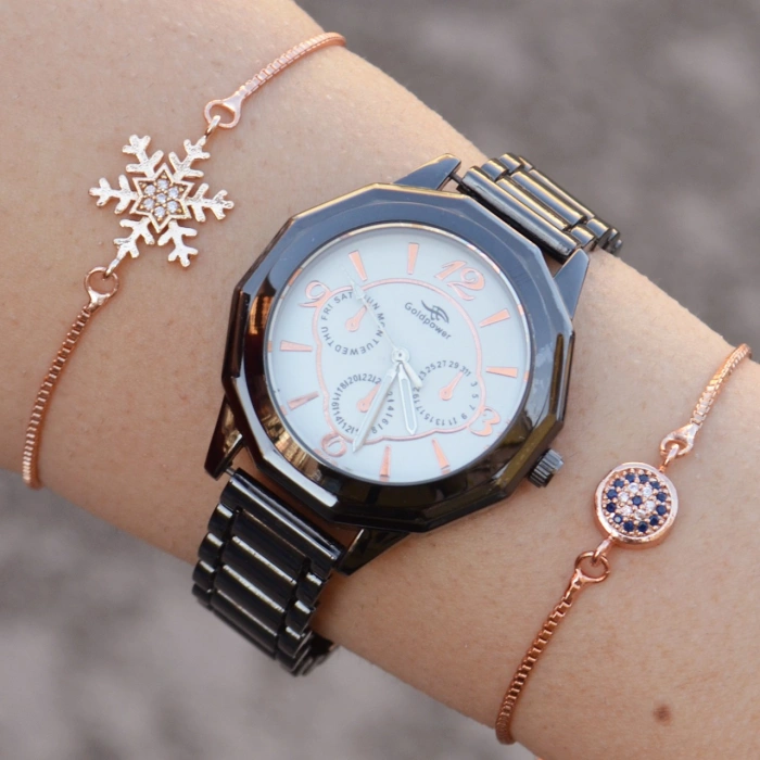 Siyah Metal Kordon Kadın Saat Kombini 1098