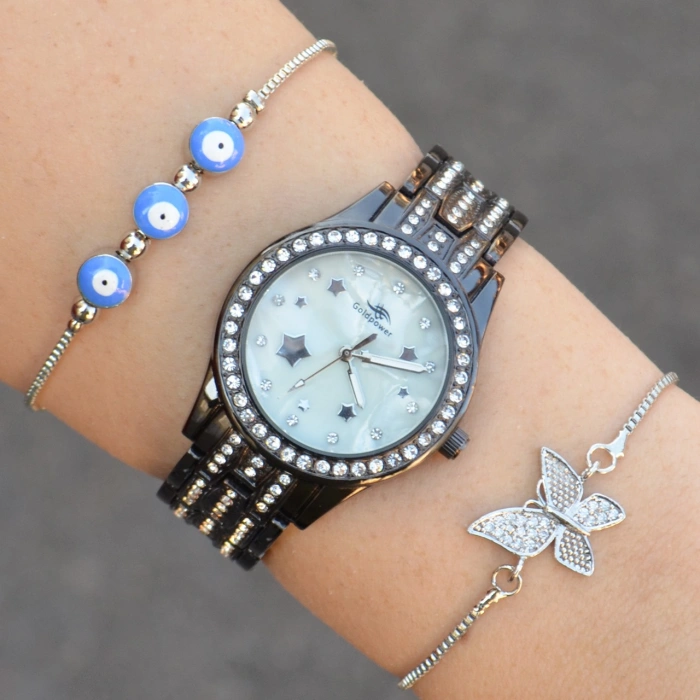 Taşlı Siyah Metal Kordon Kadın Saat Kombini 1108