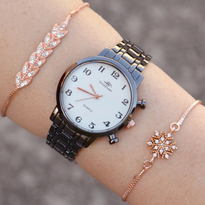 Siyah Metal Kordon Kadın Saat Kombini 1109