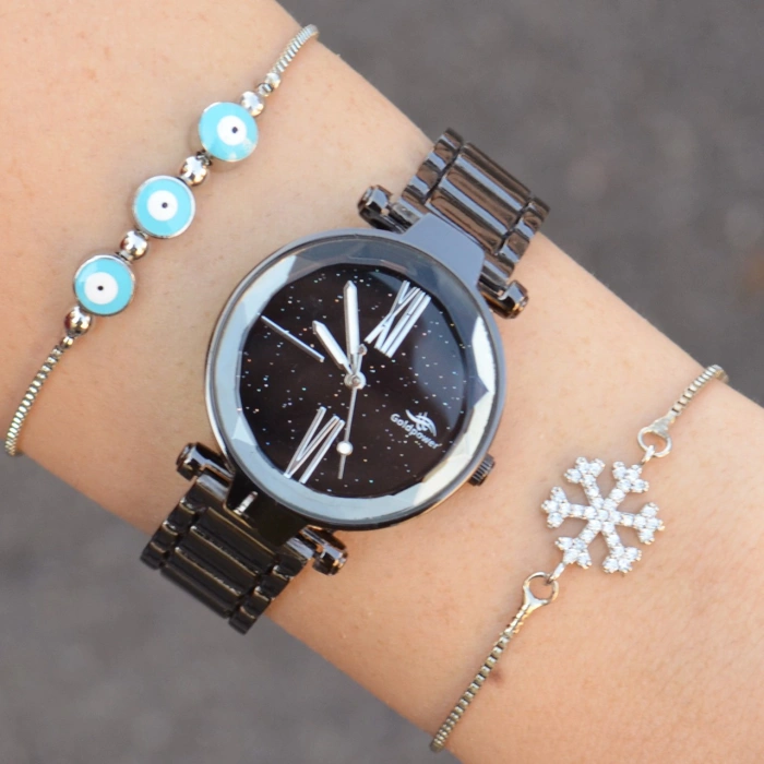 Siyah Metal Kordon Kadın Saat Kombini 1114