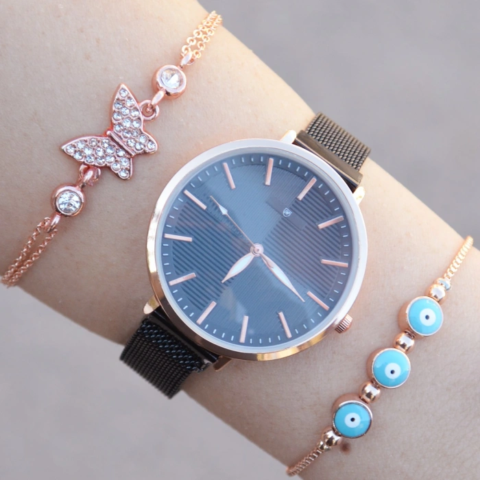 Siyah Hasır Mıknatıslı Kordon Kadın Saat Kombini 1128