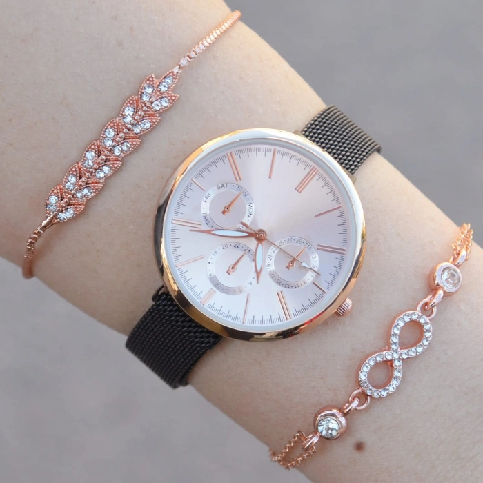 Siyah Hasır Mıknatıslı Kordon Kadın Saat Kombini 1131