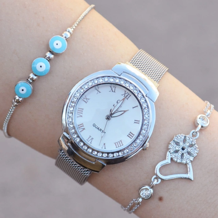 Taşlı Silver Hasır Mıknatıslı Kordon Kadin Saat Kombini 1135