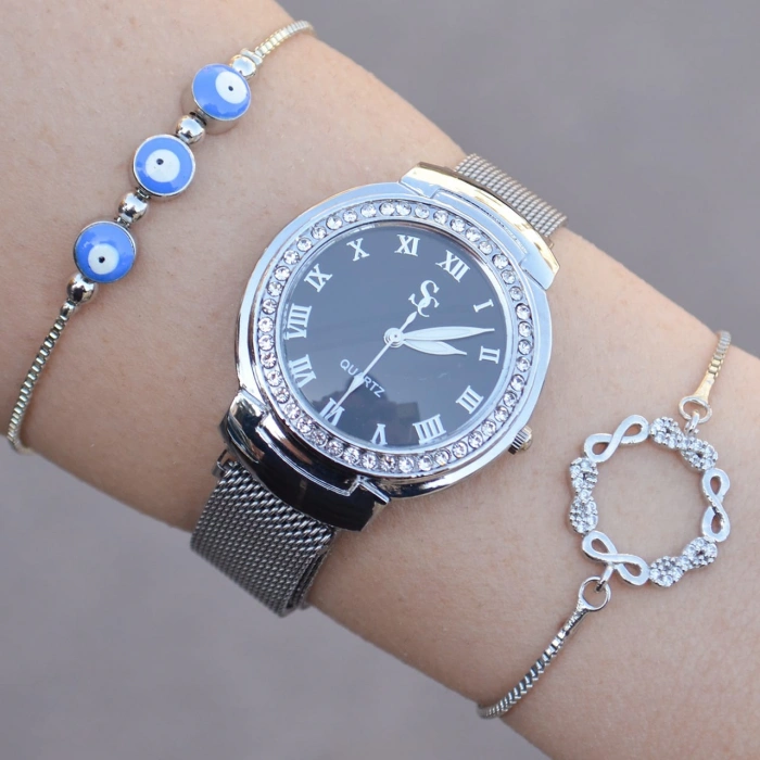 Taşlı Silver Hasır Mıknatıslı Kordon Kadın Saat Kombini 1139