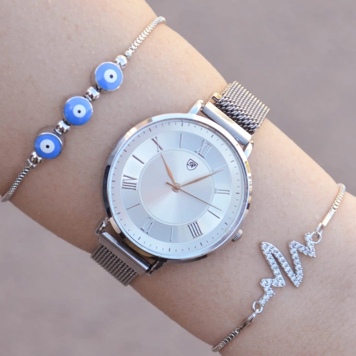 Silver Hasır Mıknatıslı Kordon Kadın Saat Kombini 1143