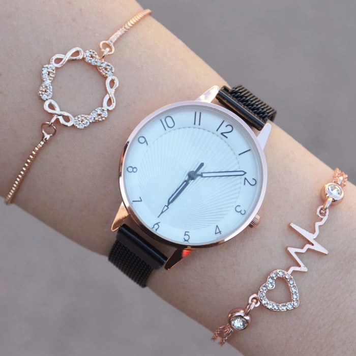 Siyah Hasır Mıknatıslı Kordon Kadın Saat Kombini 1155