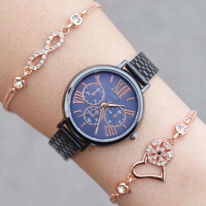 Siyah Metal Kordon Kadın Saat Kombini 1199