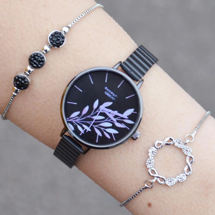 Siyah Metal Kordon Kadın Saat Kombini 1209