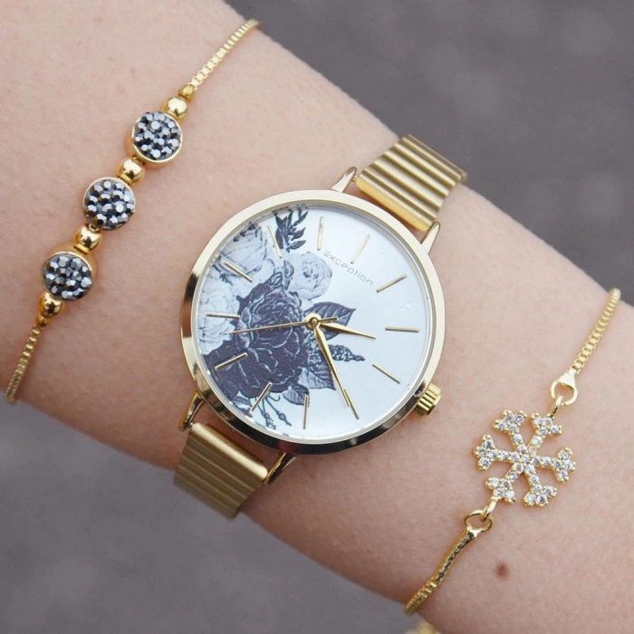 Gold Metal Kordon Kadın Saat Kombini 1215