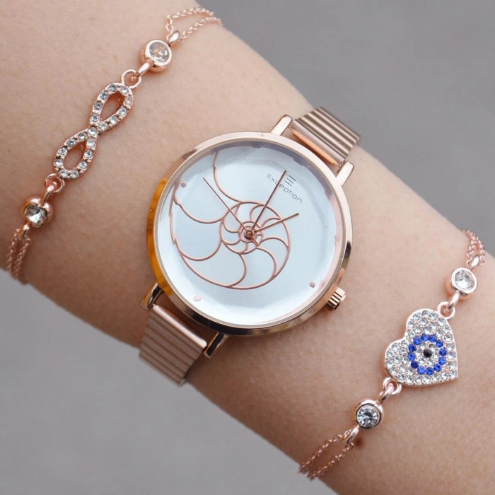 Rosegold Metal Kordon Kadın Saat Kombini 1228