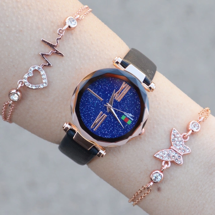 Siyah Deri Kordon Kadın Saat Kombini 1254