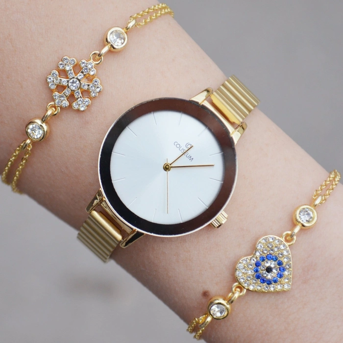 Gold Metal Kordon Kadın Saat Kombini 1272