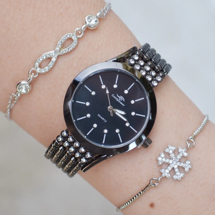Siyah Metal Kordon Kadın Saat Kombini 1303