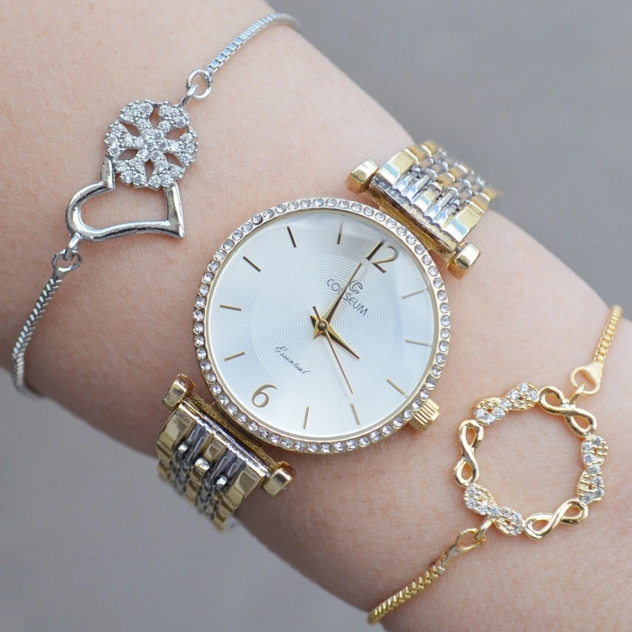 Silver Gold Metal Kordon Kadın Saat Kombini 1308