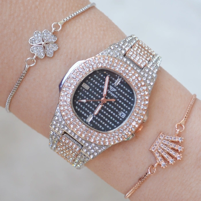 Silver Rose Metal Kordon Taşlı Bayan Saat Kombini 1310