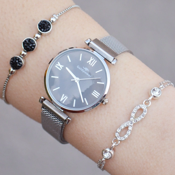 Silver Hasır Mıknatıslı Kordon Kadın Saat Kombini 1339