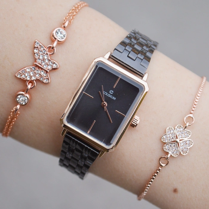 Rose Siyah Metal Kordon Kadın Saat Kombini 1404
