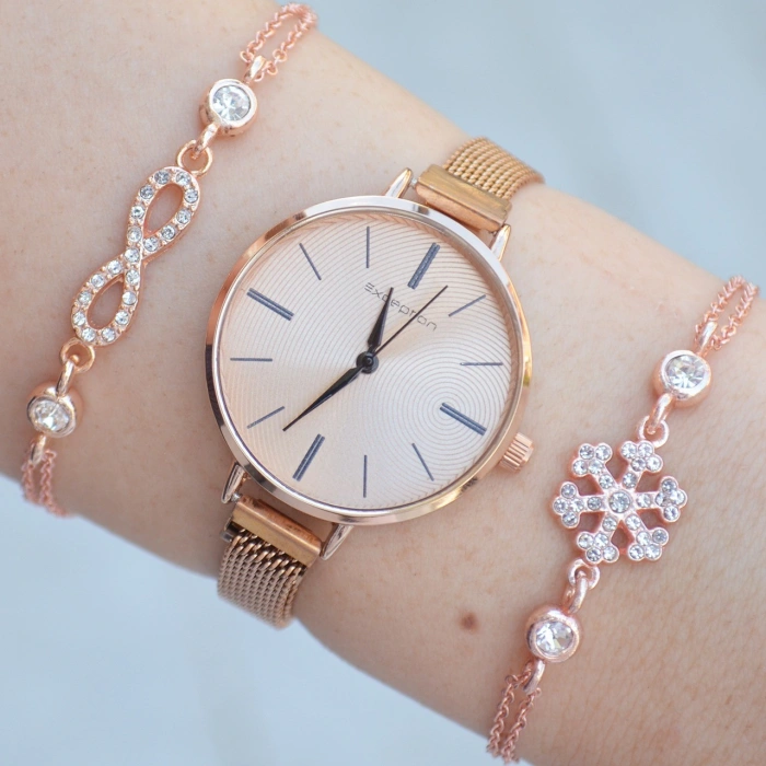 Rosegold Hasır Mıknatıslı Kordon Kadın Saat Kombini 1457