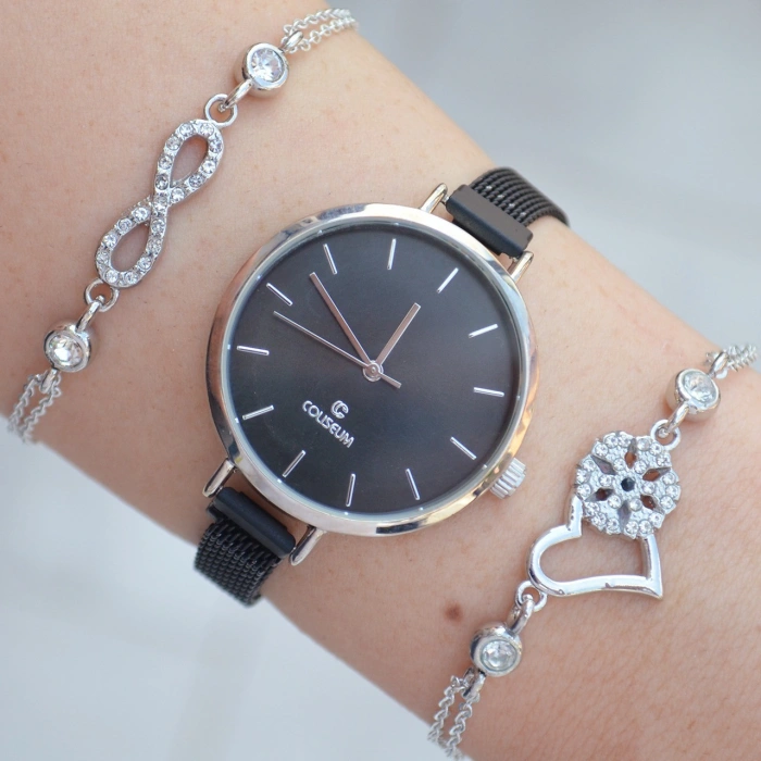Silver Kasa Siyah Hasır Mıknatıslı Kordon Kadın Saat Kombini 1461