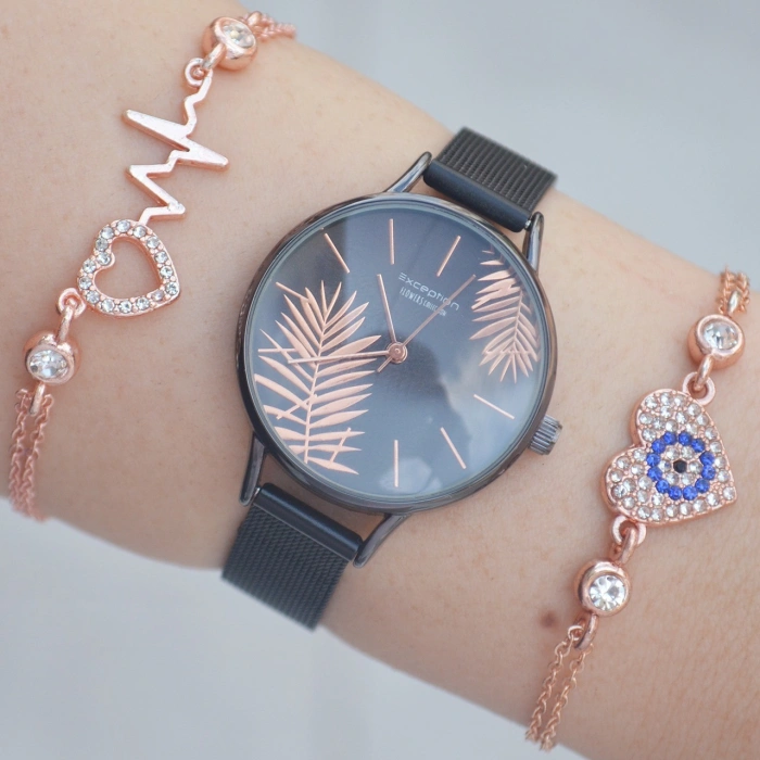 Siyah Hasır Kordon Kadın Saat Kombini 1472