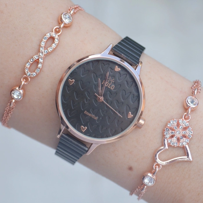 Rose Kasa Siyah Metal Kordon Kadın Saat Kombini 1475