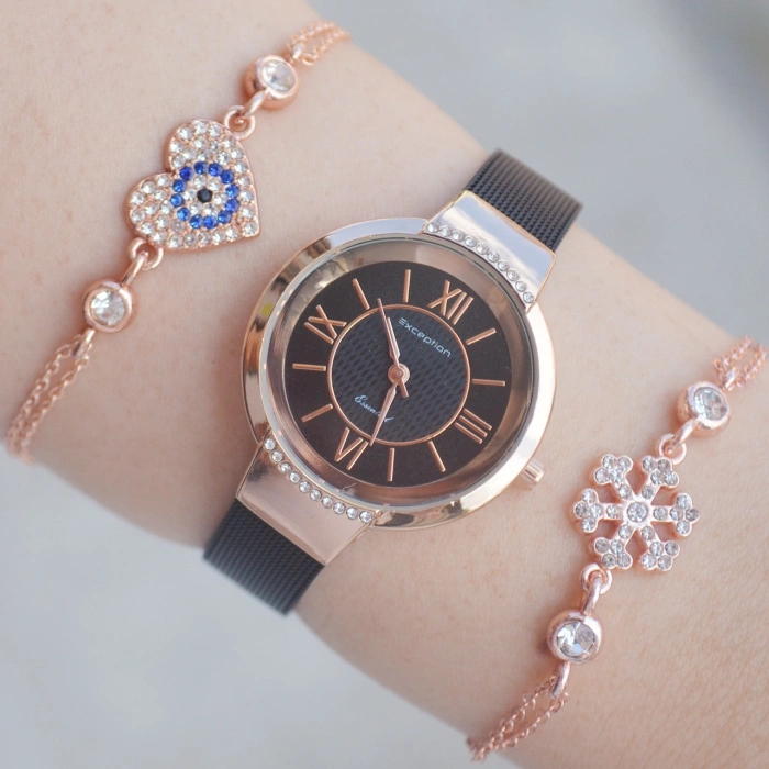 Siyah Rose Hasır Kordon Kadın Saat Kombini 1484