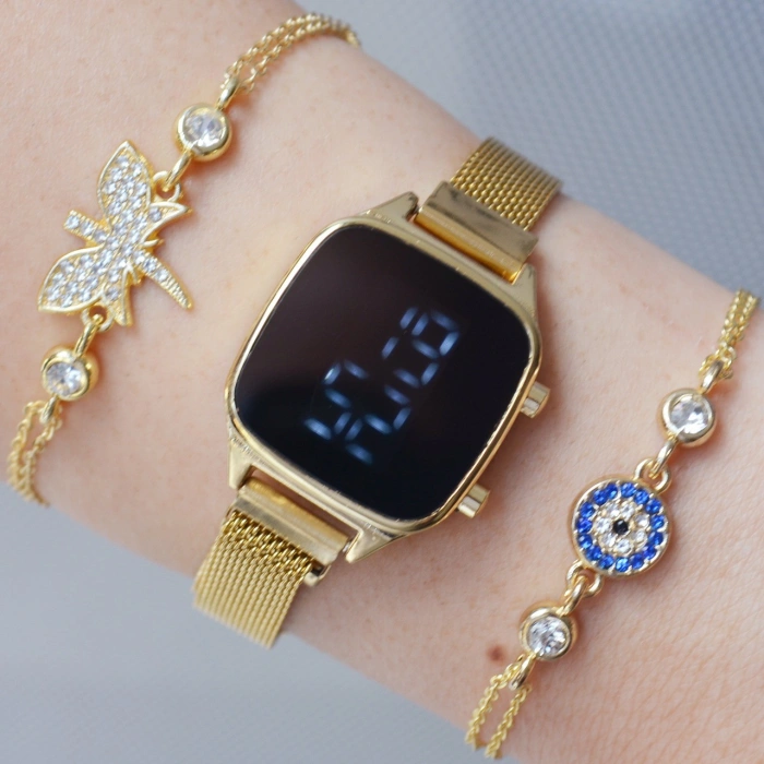 Gold Mıktanıslı Hasır Kordon Dijital Kadın Saat Kombini 1489