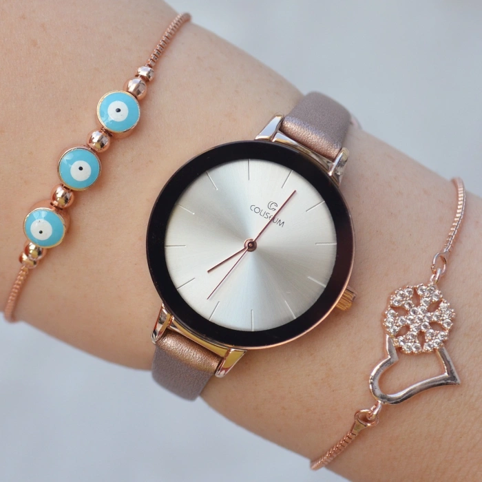 Somon Rengi Deri Kordon Kadın Saat Kombini 1498