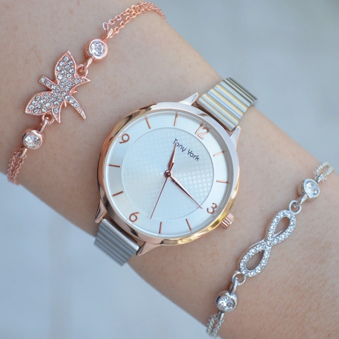 Rose Kasa Silver Metal Kordon Kadın Saat Kombini 1513